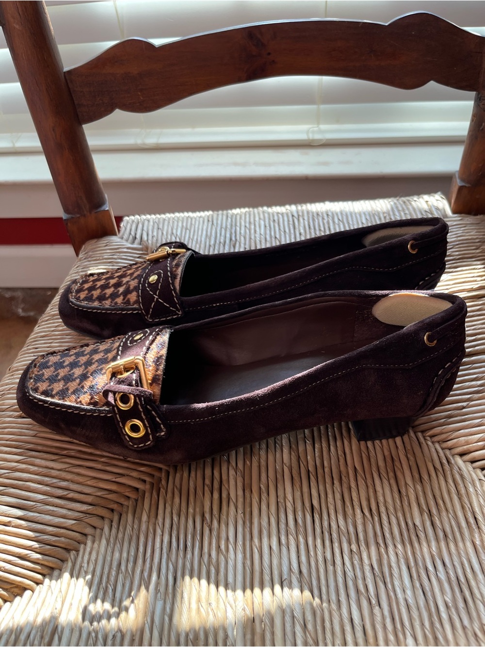 Talbots Brown Suede Loafers with Houndstooth Vamp